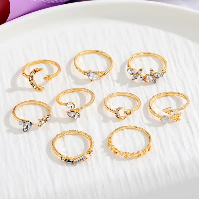 9pcs Exquisite Golden Moon Love Rhinestone Set Joint Ring For Women Daily Party Decor Gift