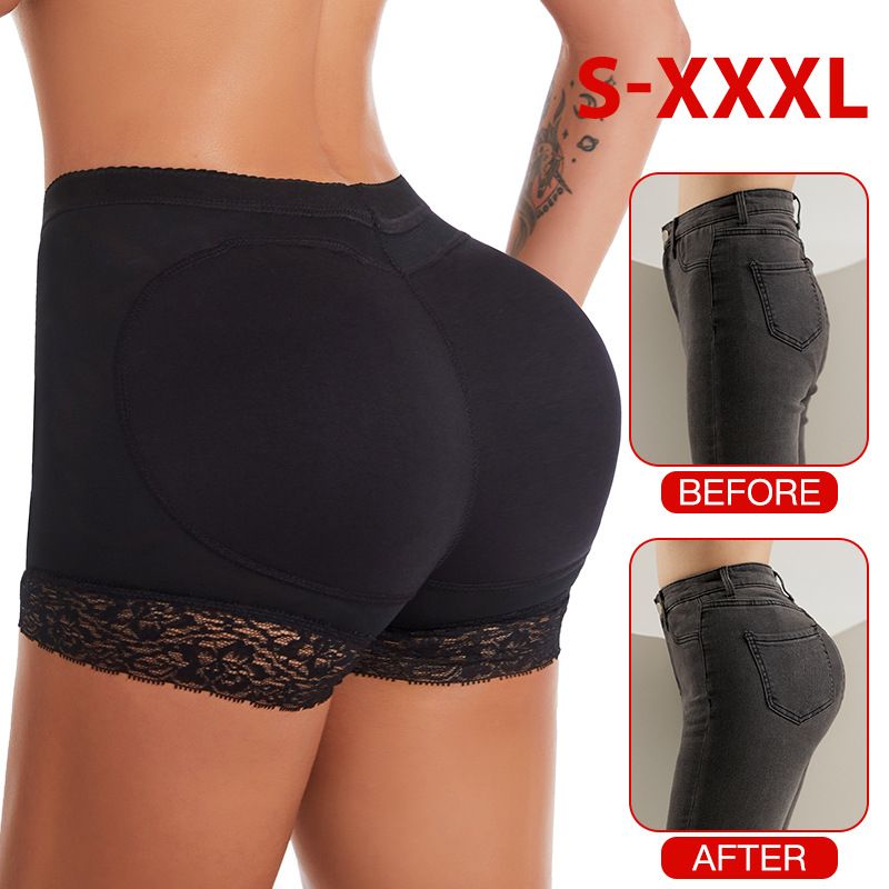 Lace Contrast Plain Butt Lifting Shaping Panties With Insert Fake Butt Pad, High Waist Tummy Control Peach Butt Booty Breathable Panties, Women's Underwear & Shapewear