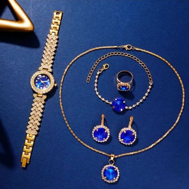 6pcs Women's Fashion Watch Bracelet Set Quartz Watche Rhinestone Necklace Earrings Ring Ladies Fashion Luxury Jewelr