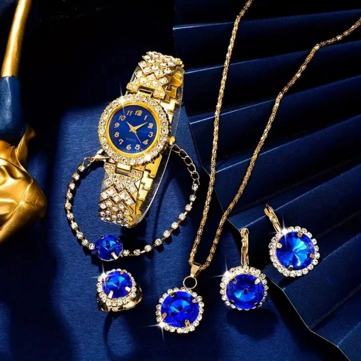 6pcs Women's Fashion Watch Bracelet Set Quartz Watche Rhinestone Necklace Earrings Ring Ladies Fashion Luxury Jewelr