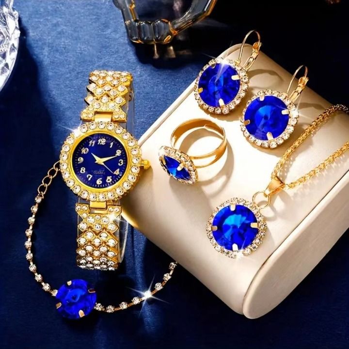 6pcs Women's Fashion Watch Bracelet Set Quartz Watche Rhinestone Necklace Earrings Ring Ladies Fashion Luxury Jewelr