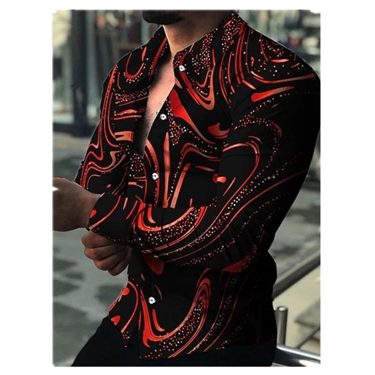 Men's Golden Abstract Print Button-Up - Casual Long Sleeve Boho Style, Geometric Pattern Lapel Collar, 100% Polyester for Spring & Fall Seasons