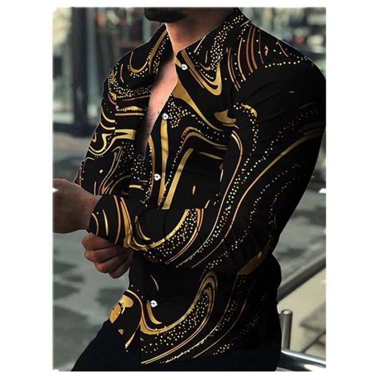 Men's Golden Abstract Print Button-Up - Casual Long Sleeve Boho Style, Geometric Pattern Lapel Collar, 100% Polyester for Spring & Fall Seasons
