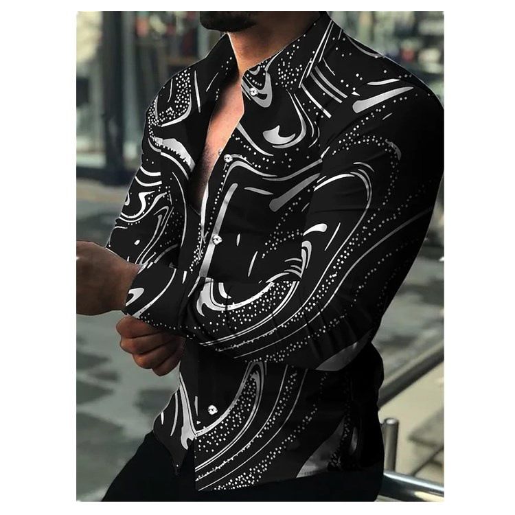 Men's Golden Abstract Print Button-Up - Casual Long Sleeve Boho Style, Geometric Pattern Lapel Collar, 100% Polyester for Spring & Fall Seasons