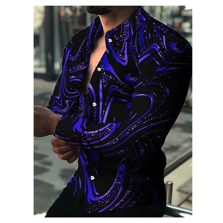 Men's Golden Abstract Print Button-Up - Casual Long Sleeve Boho Style, Geometric Pattern Lapel Collar, 100% Polyester for Spring & Fall Seasons
