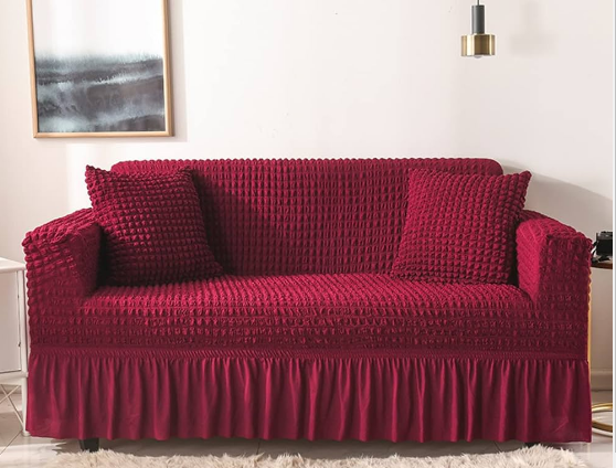 KILIMALL MEGA OFFER !!!! for maroon loose covers 7 seater set ;3:2:1:1  made in modern turkish design with high quality elastic linen for maximum confort and durability with a three month warranty