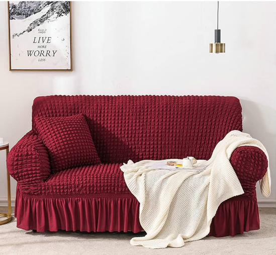 KILIMALL MEGA OFFER !!!! for maroon loose covers 7 seater set ;3:2:1:1  made in modern turkish design with high quality elastic linen for maximum confort and durability with a three month warranty