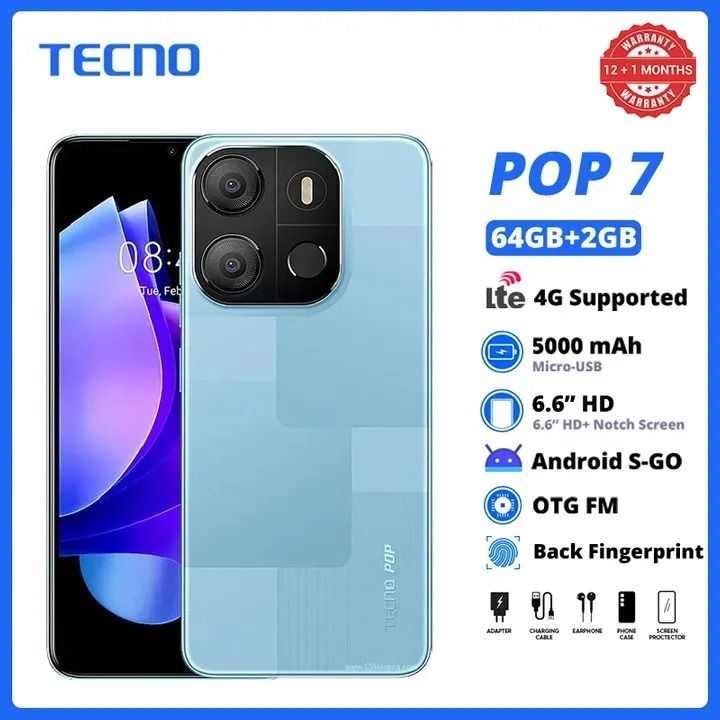 Tecno pop 7 64Gb Rom Upto 4Gb Ram 5000mAh 6.6" HD Dual sim 4G Android Smart Phone