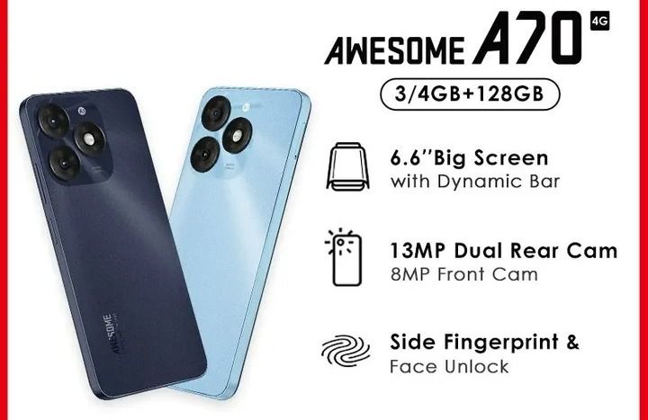 ITEL A70 4G AWESOME 256/128GB ROM UPTO 12GB RAM (4+8) / 8GB RAM(3+5)GB 6.6''HD screen 13MP HDR DUAL REAR CAMERA, 8MP front camera 5000mAh side fingerprint smartphone