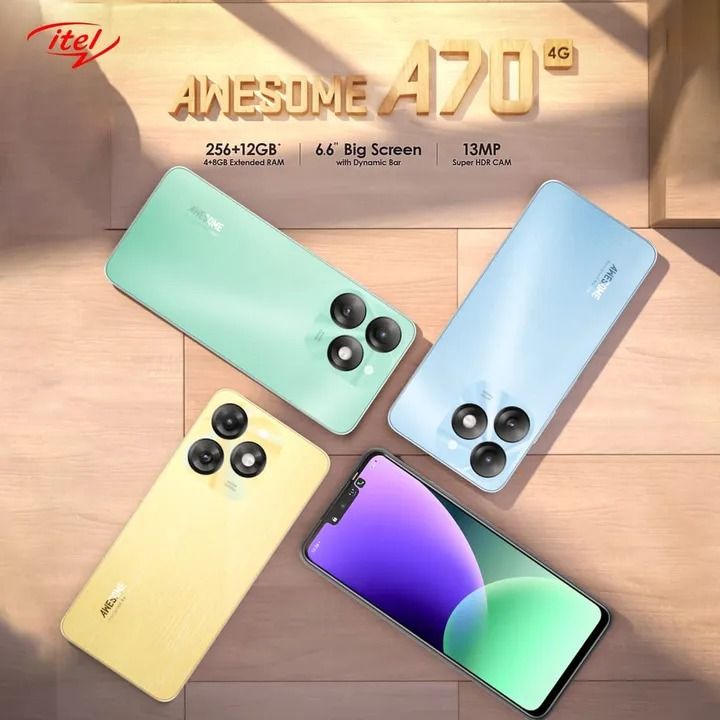 ITEL A70 4G AWESOME 256/128GB ROM UPTO 12GB RAM (4+8) / 8GB RAM(3+5)GB 6.6''HD screen 13MP HDR DUAL REAR CAMERA, 8MP front camera 5000mAh side fingerprint smartphone