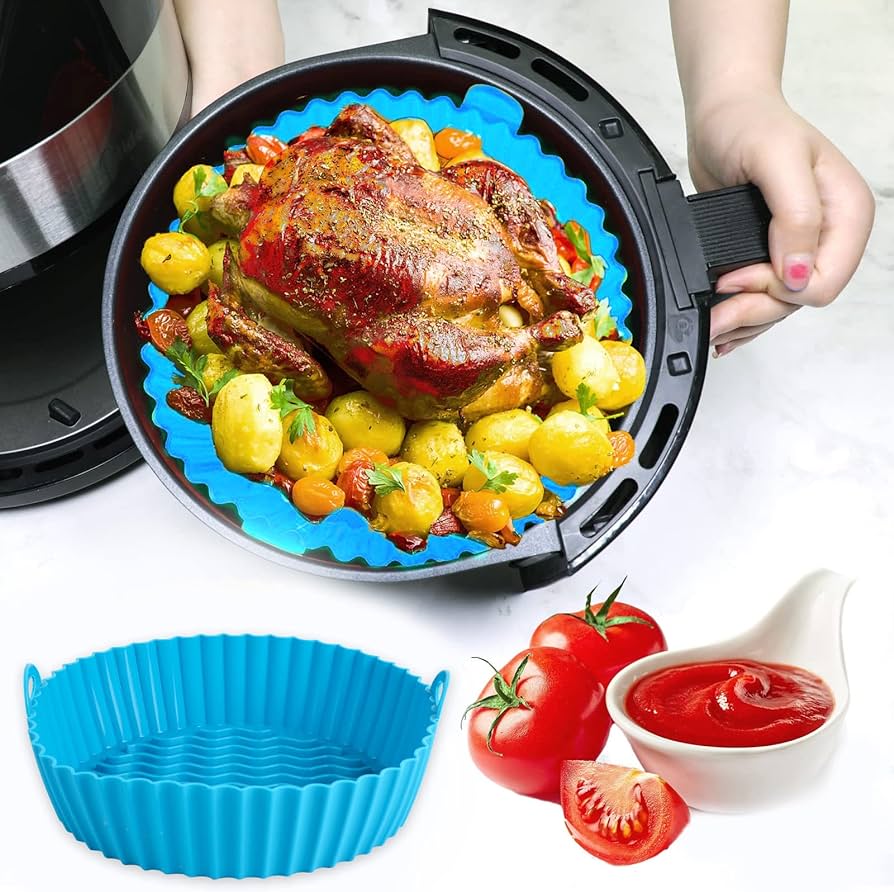 Pack Air Fryer Silicone Baking Tray Reusable Air Fryer Round Silicone Insert for Air Fryer Easy Cleaning Silicone Pot for Oven Accessories (Blue