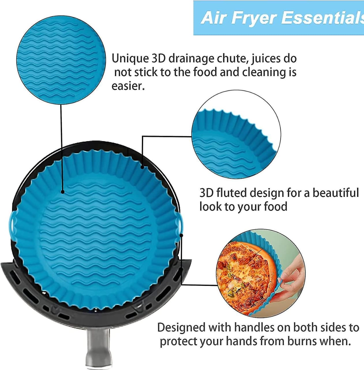 Pack Air Fryer Silicone Baking Tray Reusable Air Fryer Round Silicone Insert for Air Fryer Easy Cleaning Silicone Pot for Oven Accessories (Blue