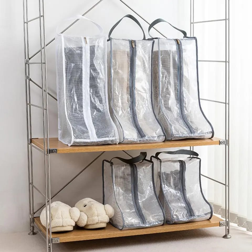 Boot Shoe Travel Bags for Luggage Packing, Clear Stackable Storage Dust Waterproof Short and Tall Boots Storage in Closet Hanging Shoe Bags (Clear Gray-Thigh Boot)