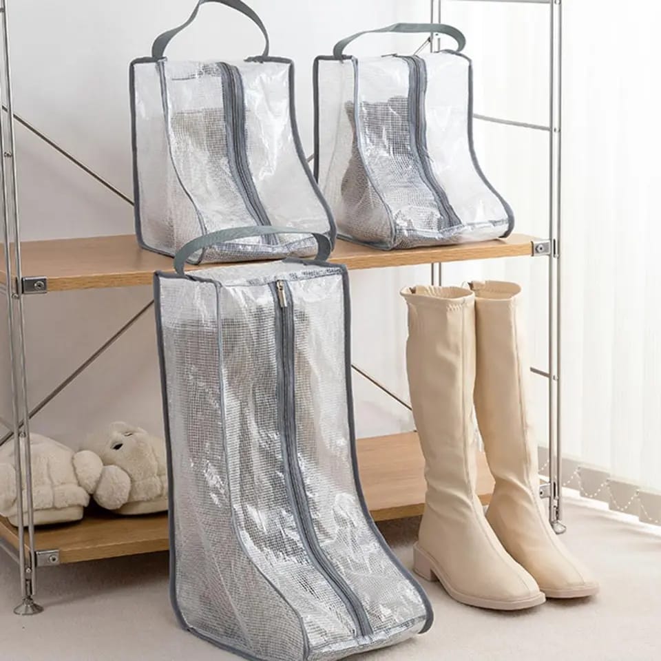 Boot Shoe Travel Bags for Luggage Packing, Clear Stackable Storage Dust Waterproof Short and Tall Boots Storage in Closet Hanging Shoe Bags (Clear Gray-Thigh Boot)
