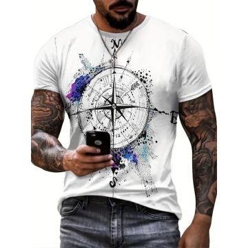 Retro Compass Print, Men's Graphic Design Crew Neck Novel T-shirt, Casual Comfy Tees Tshirts For Summer, Men's Clothing Tops For Daily