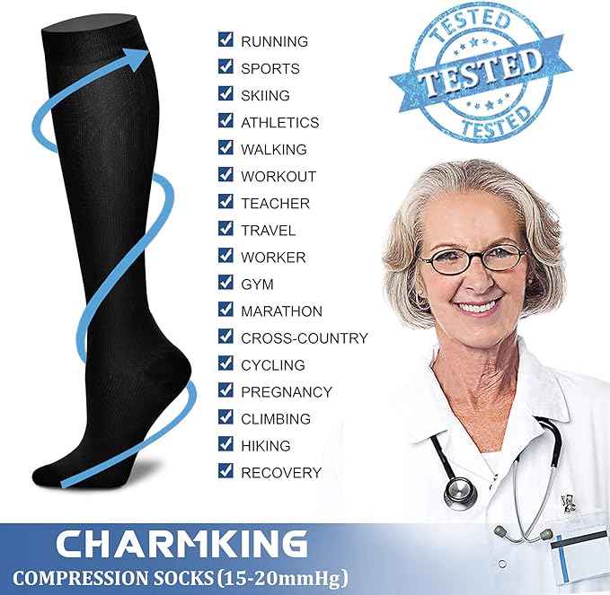 CHARMKING Compression Socks for Women & Men Circulation (3 Pairs) 15-20 mmHg is Best Support for Athletic Running Cycling