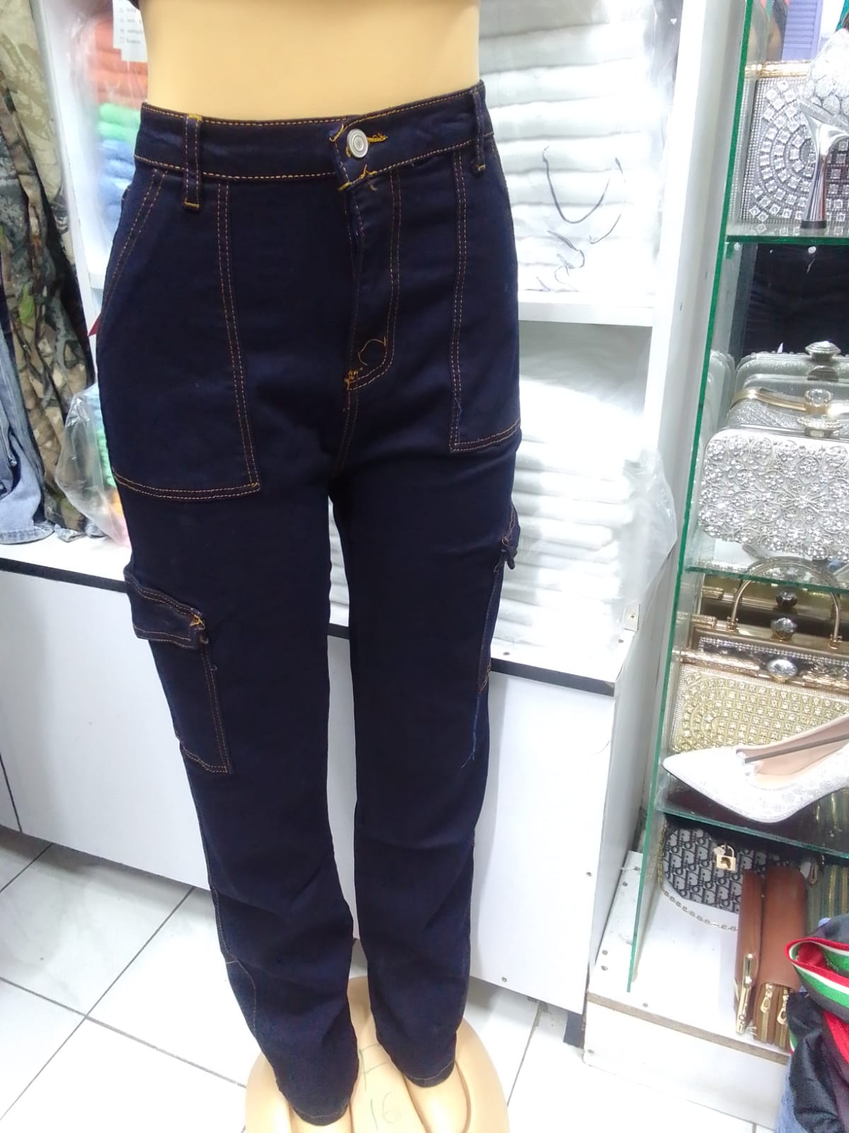 High quality and classic Navy blue women mom jeans