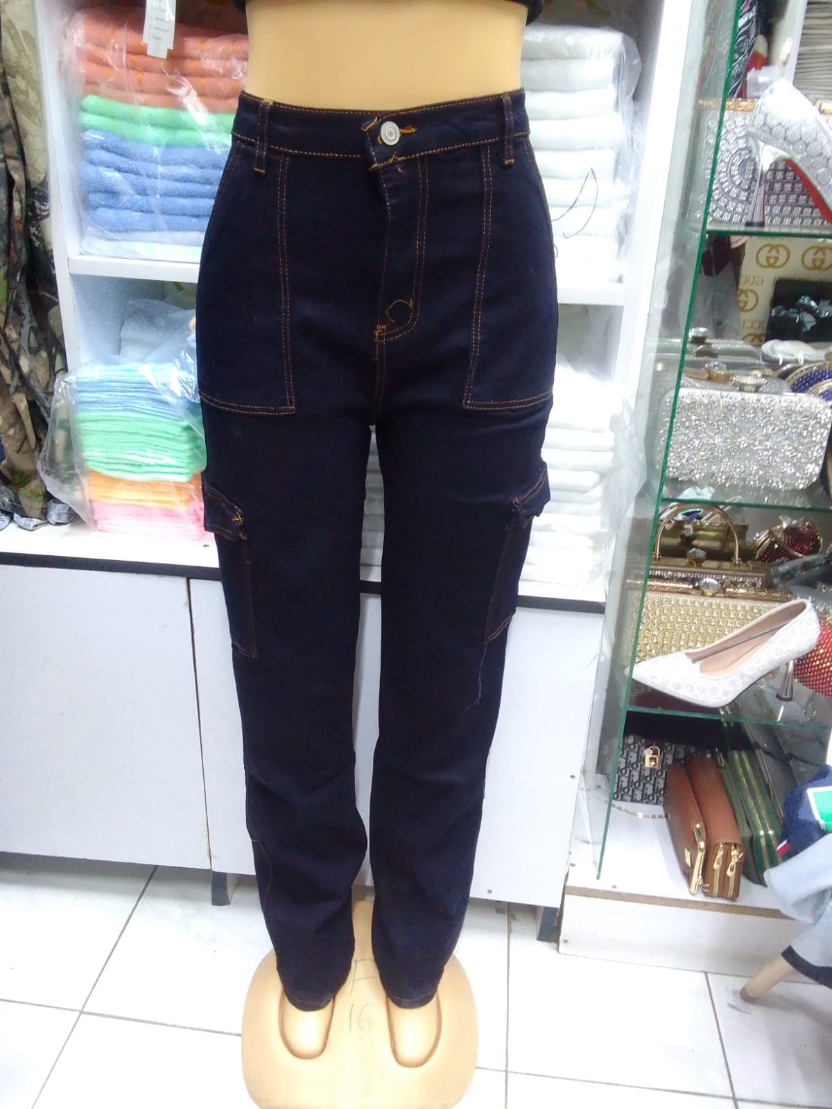 High quality and classic Navy blue women mom jeans