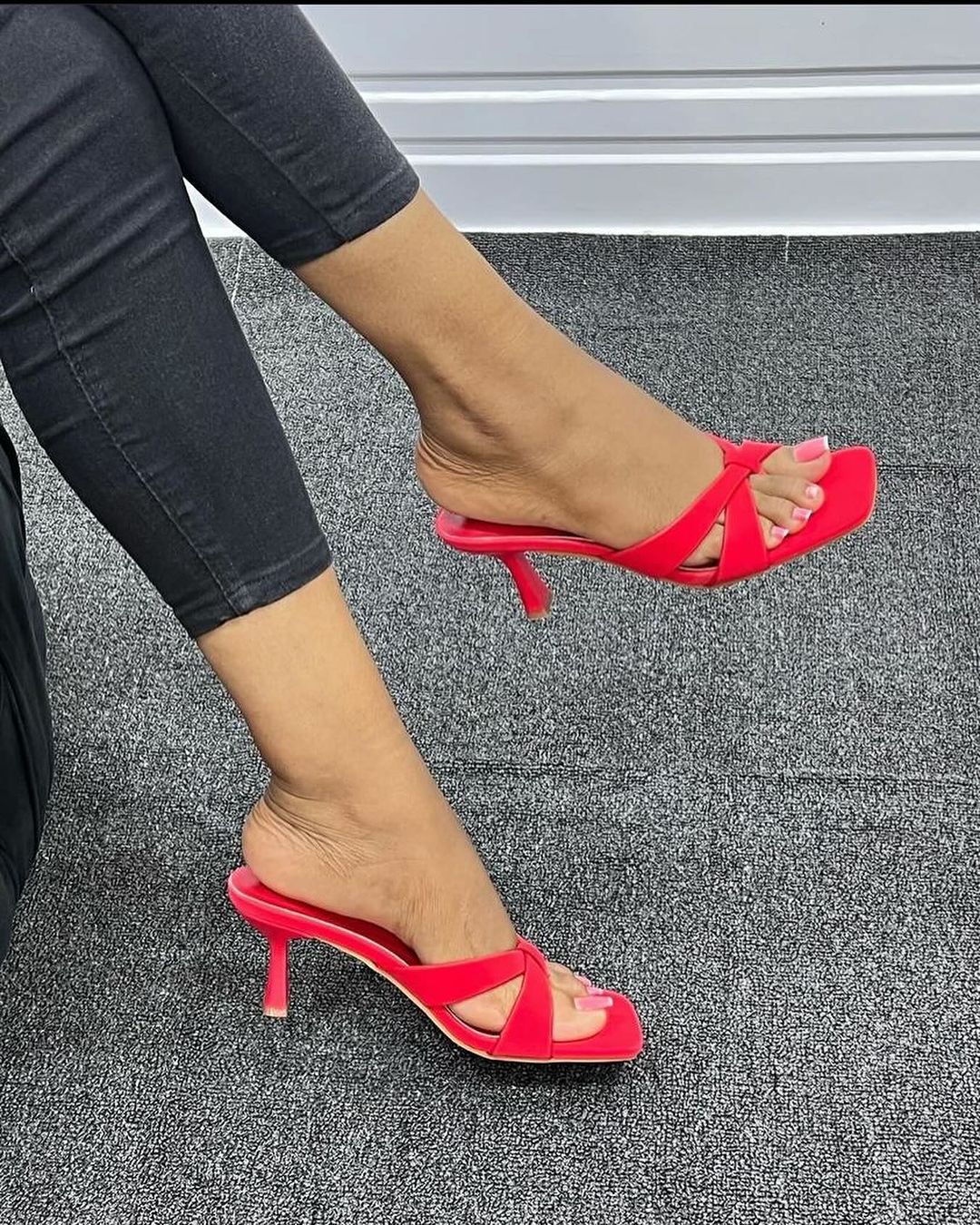 Red open Ladies High Heeled open Slip-on Sandals with silver details Party Prom Dress Shoes Office Lady Sandals (size 37, 38, 39)