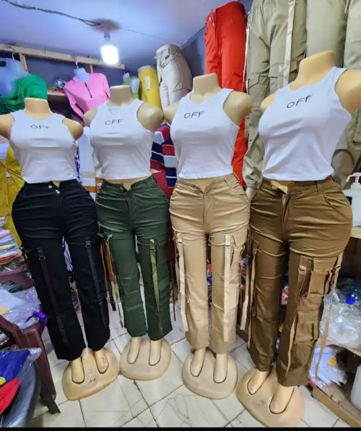 High quality Khaki Women's Wide Leg Casual Pants with Eight Pockets, High Waisted Cargo Pants, Combat Military Trousers (sizes 27, 28, 30, 32, 34)