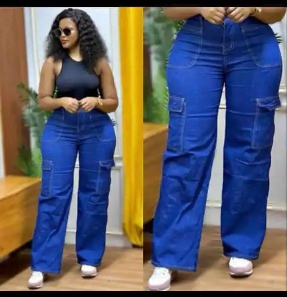 High quality denim Women's Wide Leg Casual Pants with Eight Pockets, High Waisted Cargo Pants, Combat Military Trousers (sizes 27, 28, 30, 32, 34)