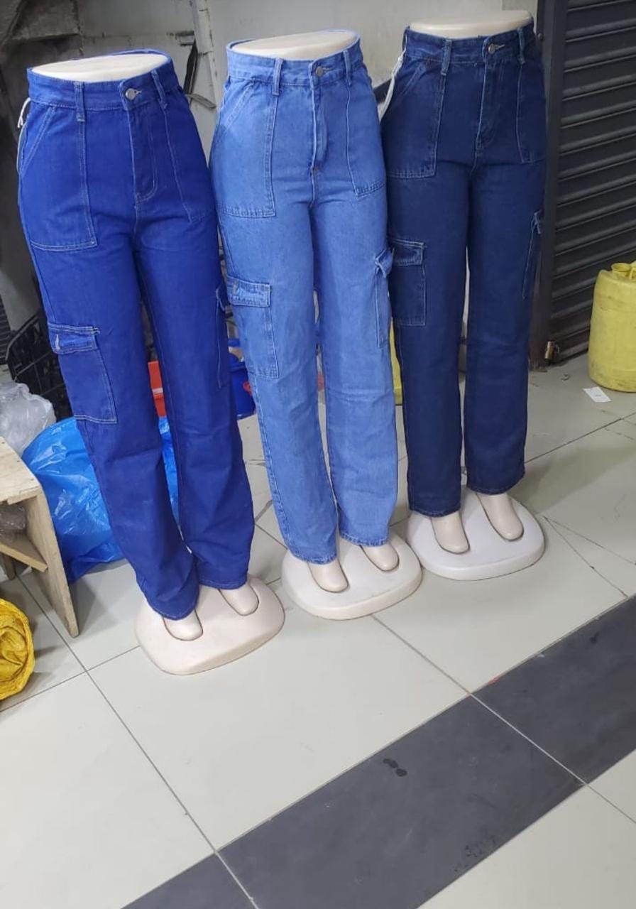 High quality denim Women's Wide Leg Casual Pants with Eight Pockets, High Waisted Cargo Pants, Combat Military Trousers (sizes 27, 28, 30, 32, 34)