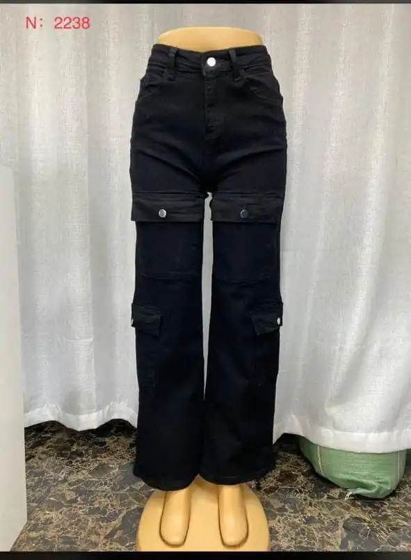 High quality denim Women's Wide Leg Casual Pants with Eight Pockets, High Waisted Cargo Pants, Combat Military Trousers (sizes 27, 28, 30, 32, 34)