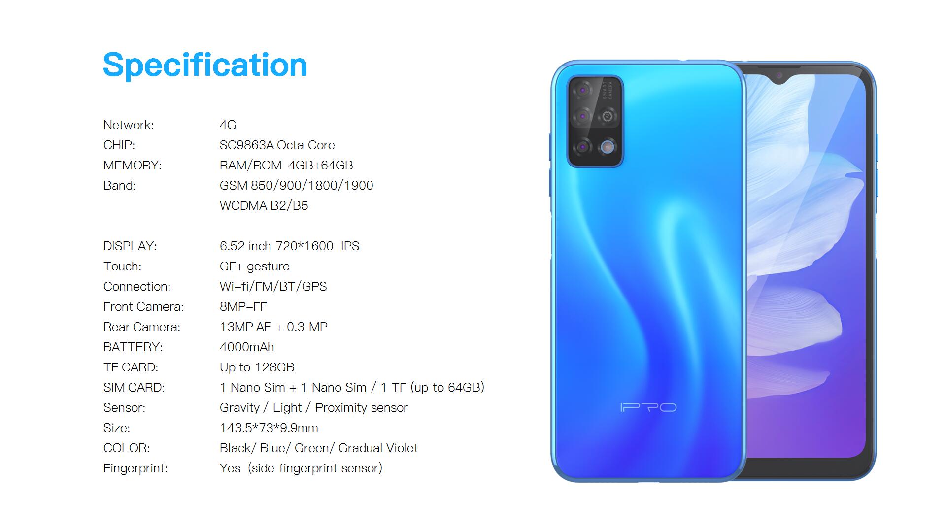 New Arrival IPRO S200m 64GB + 4GB RAM  13MP Camera Android  6.53" HD+ Display  Dual Sim 4G Network 4000mAh Battery  Side Fingerprint Phone Smart Phones