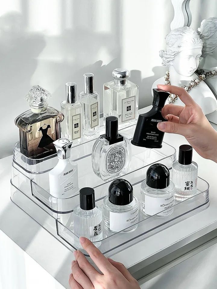 Acrylic Display Shelf Clear Acrylic Riser Display Stand Cupcake Dessert Holder Perfume Storage Shelf for Dressing Table, Makeup Product Organizer Rack