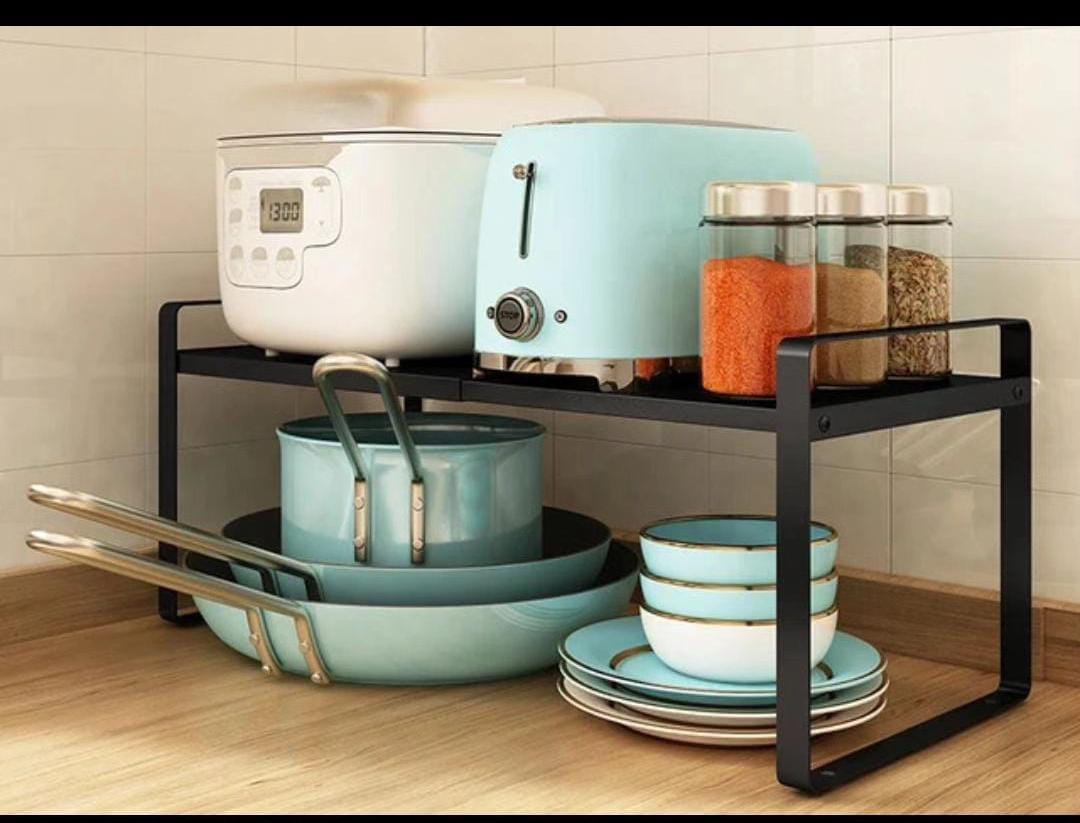 NEW!! Rectractable shelf organizer floating shelf made of strong CARBON STEEL material to divide our shelves and provide more storage spaces for your kitchen, dining, study. Enjoy More smart space