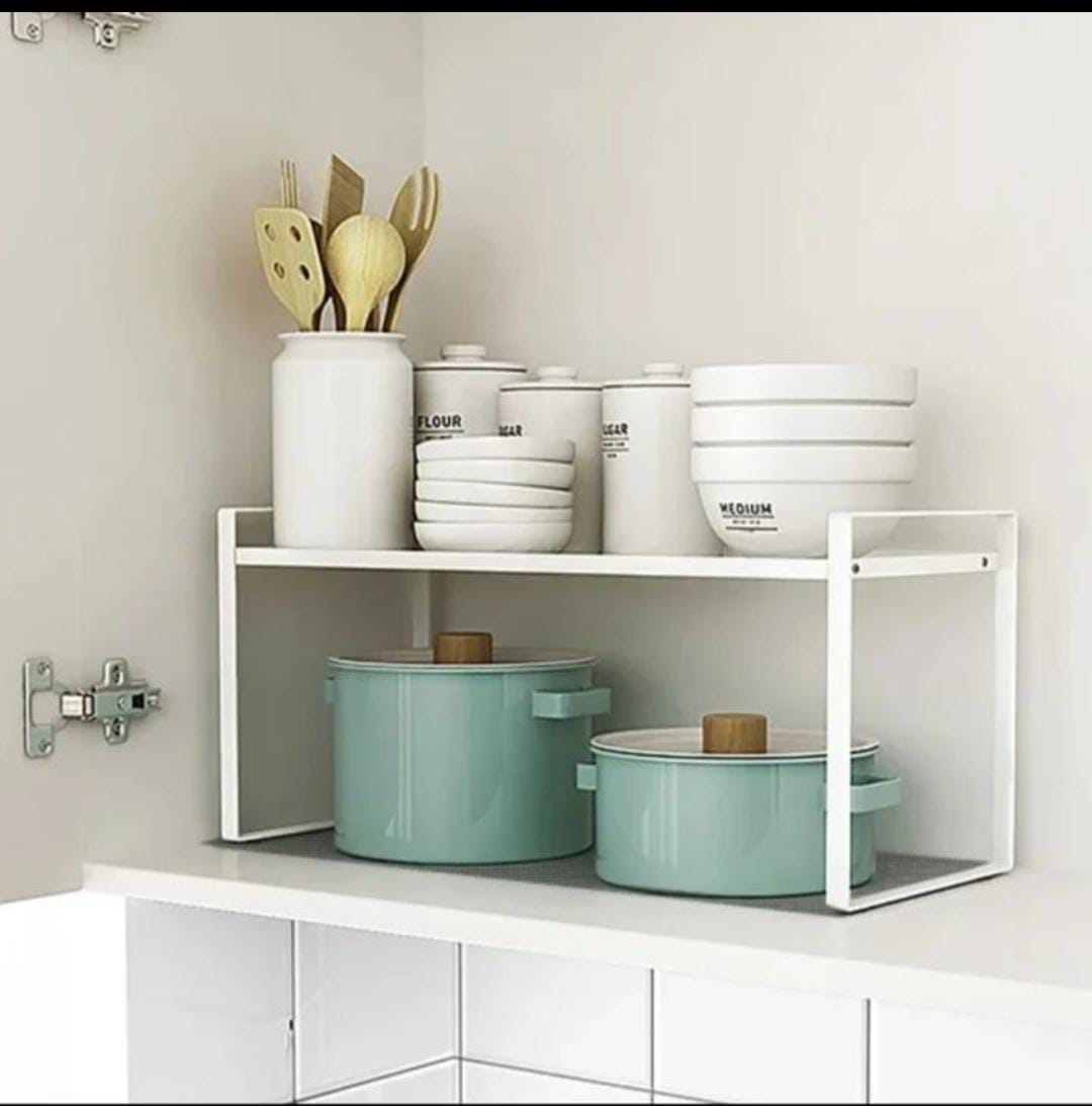 NEW!! Rectractable shelf organizer floating shelf made of strong CARBON STEEL material to divide our shelves and provide more storage spaces for your kitchen, dining, study. Enjoy More smart space