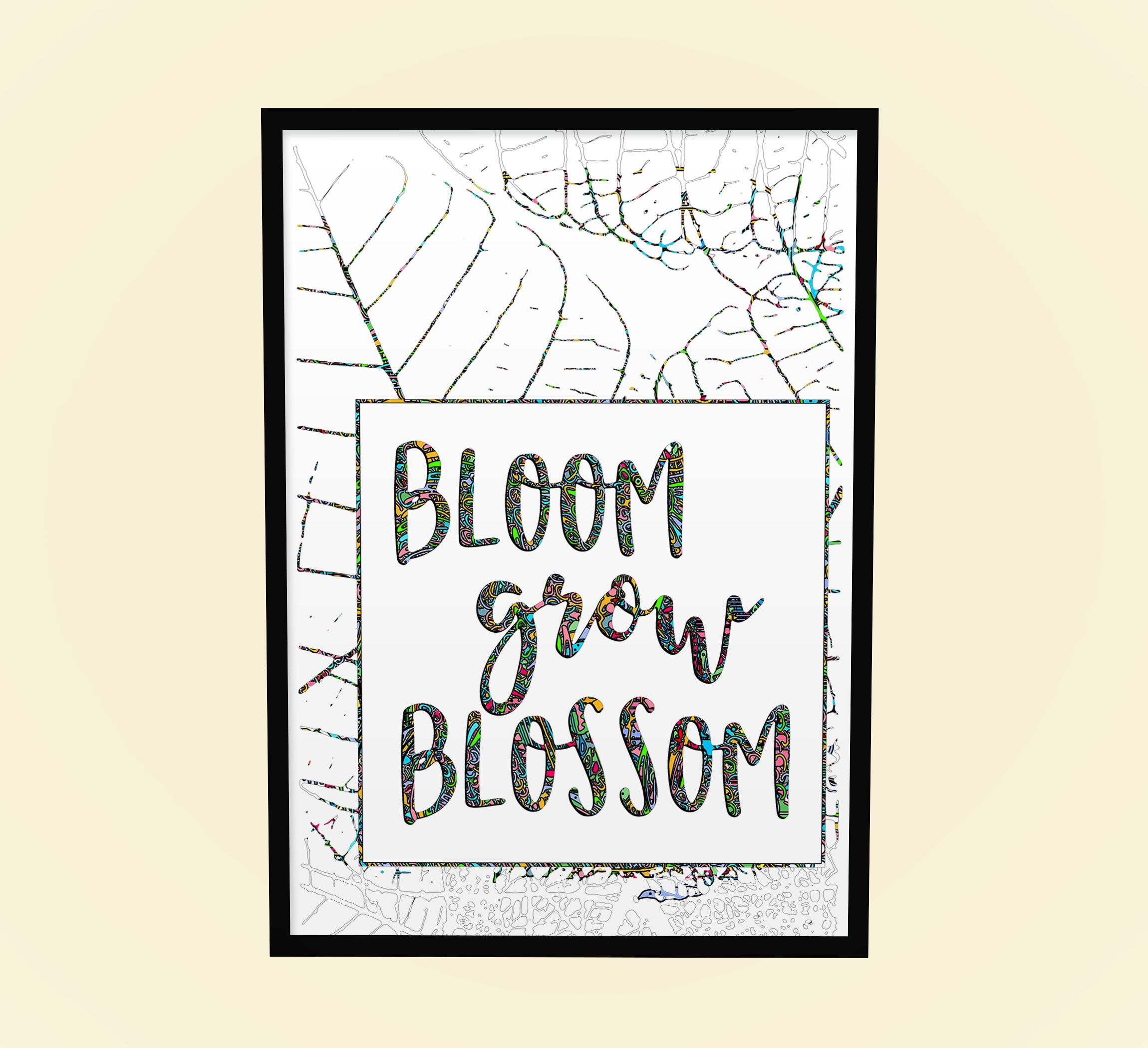 Bloom Grow Blossom, Encouraging Quote for Home Decor, A4 Size Medium Size Painting, A3 Size Large Wall Hanging for Home Decor Ready to hang, White Wooden Frame Painting, Modern Black Frame
