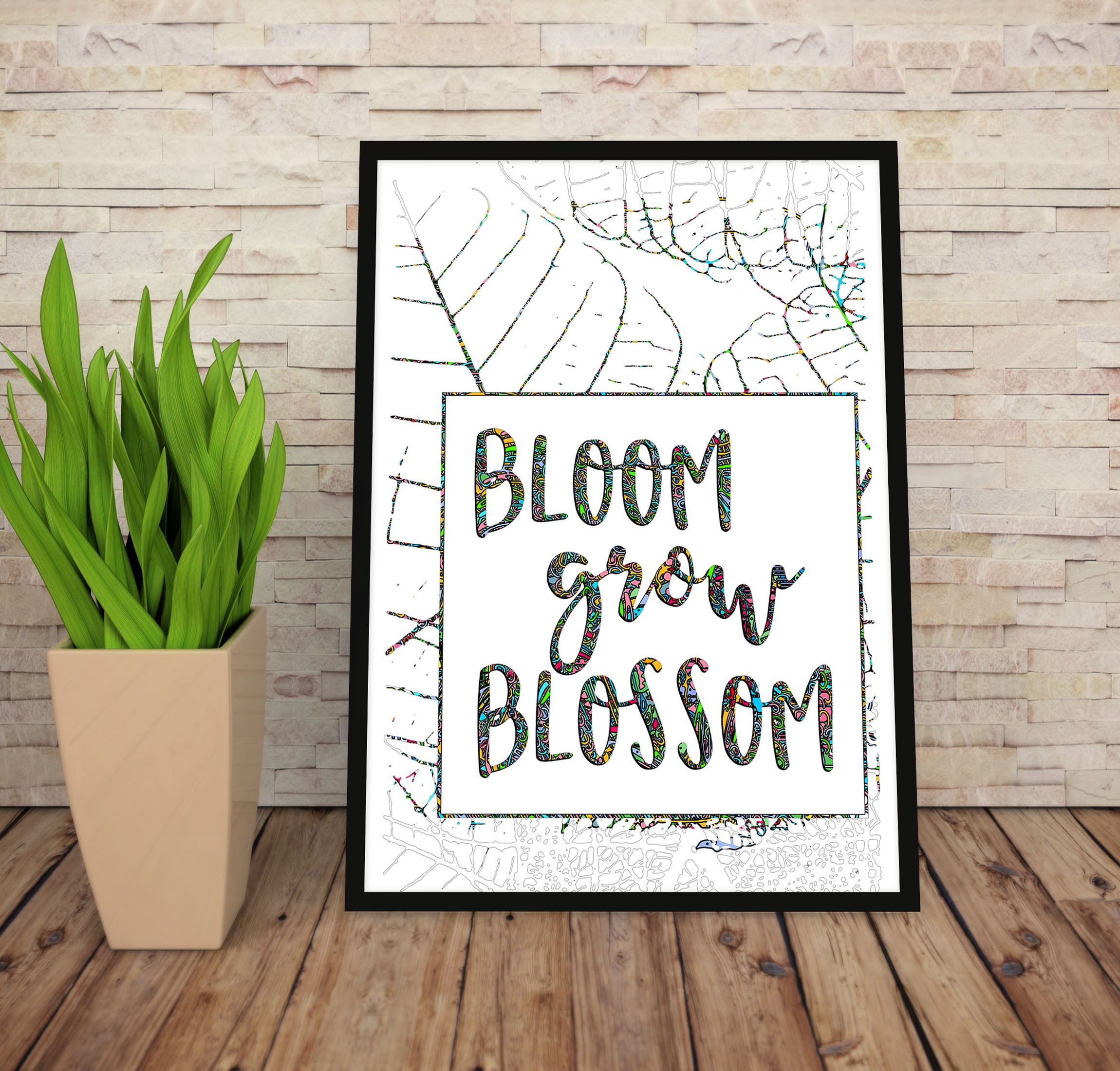 Bloom Grow Blossom, Encouraging Quote for Home Decor, A4 Size Medium Size Painting, A3 Size Large Wall Hanging for Home Decor Ready to hang, White Wooden Frame Painting, Modern Black Frame