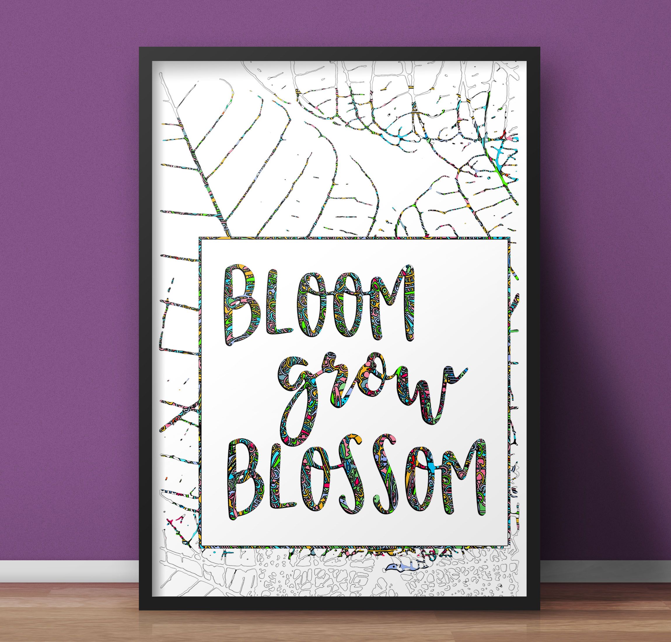 Bloom Grow Blossom, Encouraging Quote for Home Decor, A4 Size Medium Size Painting, A3 Size Large Wall Hanging for Home Decor Ready to hang, White Wooden Frame Painting, Modern Black Frame