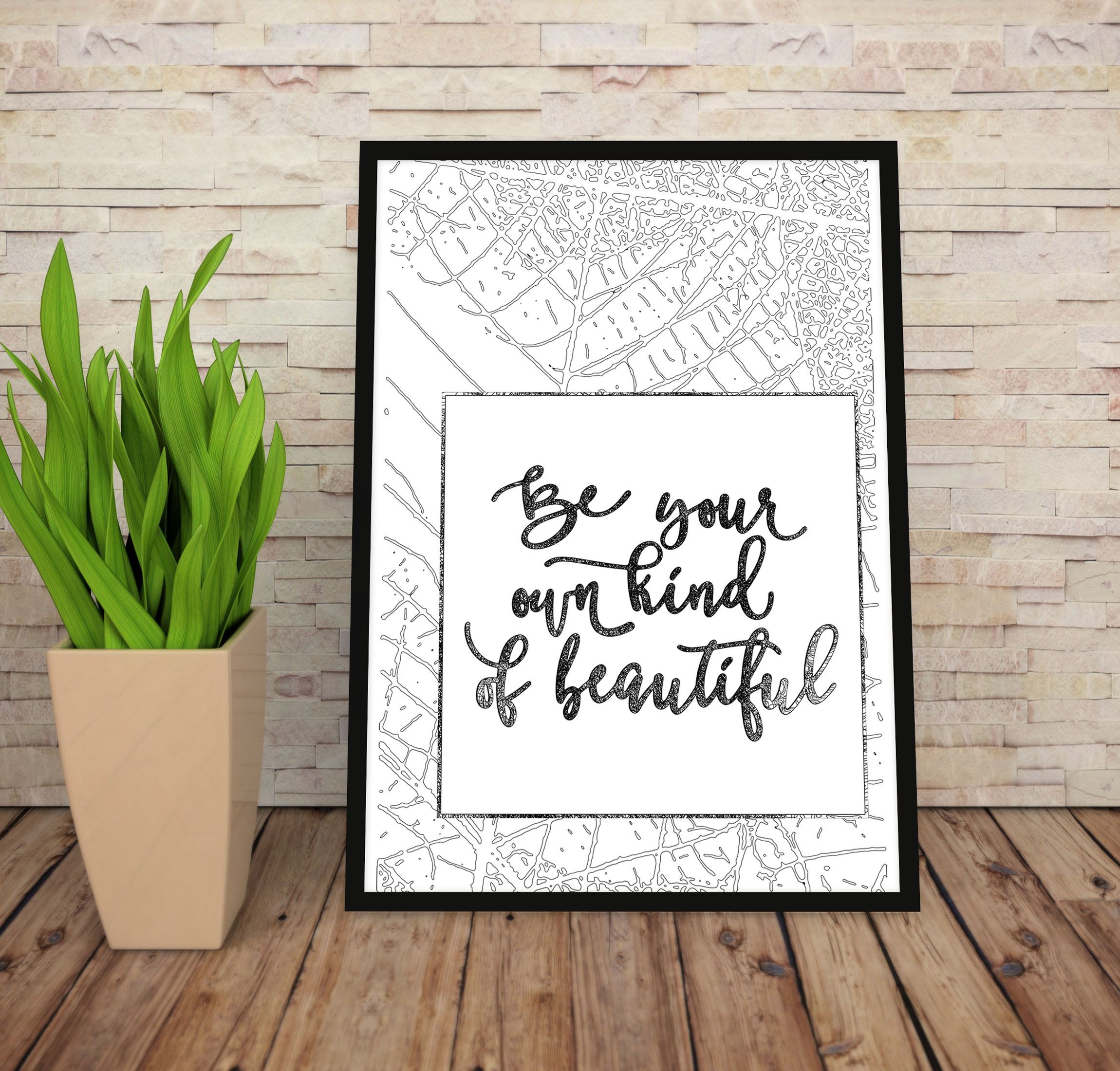 Be your own Kind of Beautiful, Ready to Hang Wall Poster, Framed Medium a4 Size Calligraphy Quote, Minimalist Art Large Size A3 Frame, Gifts for Her, Personalized Art Gift Wall Hanging for Office Art