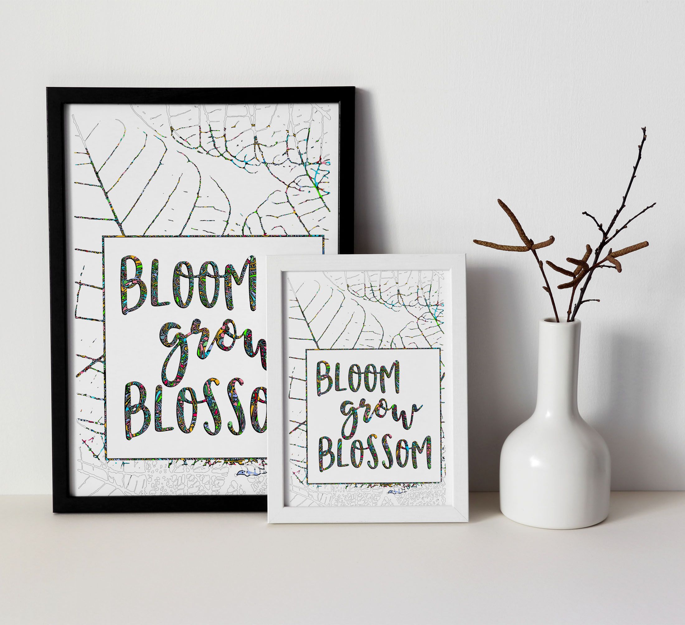 Bloom Grow Blossom, Encouraging Quote for Home Decor, A4 Size Medium Size Painting, A3 Size Large Wall Hanging for Home Decor Ready to hang, White Wooden Frame Painting, Modern Black Frame
