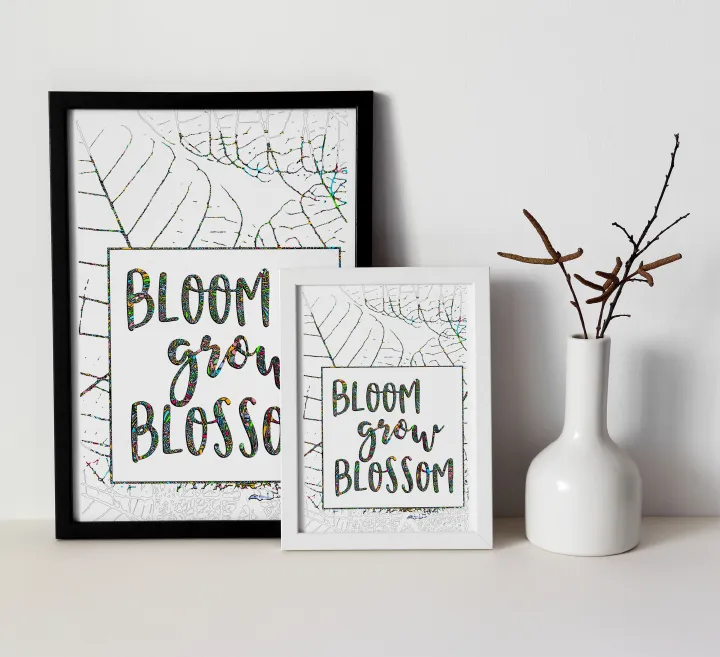 Bloom Grow Blossom, Encouraging Quote for Home Decor, A4 Size Medium Size Painting, A3 Size Large Wall Hanging for Home Decor Ready to hang, White Wooden Frame Painting, Modern Black Frame