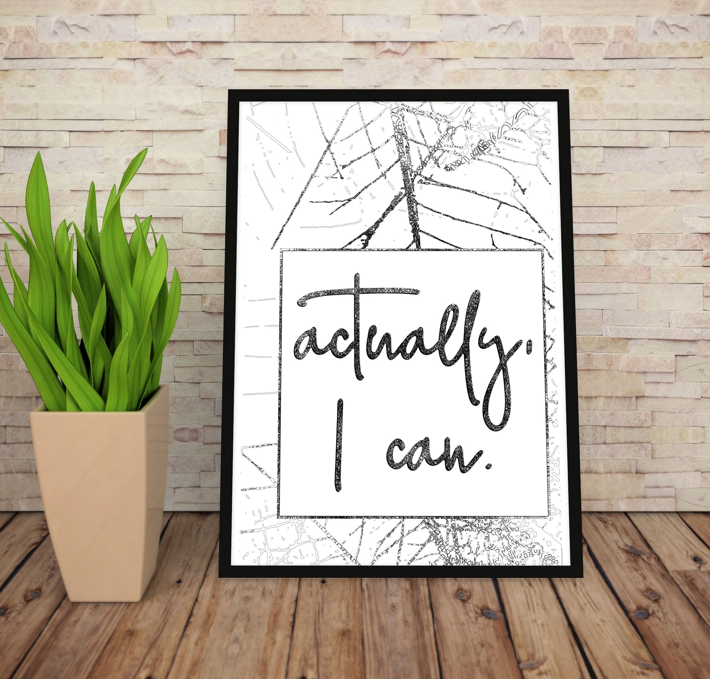 Actually i Can, Inspirational Office Decor, Ready to Hang, Motivational Home Decor Quotes, Framed White , Black Wood Frame Wall Art for Home Decorationcoration
