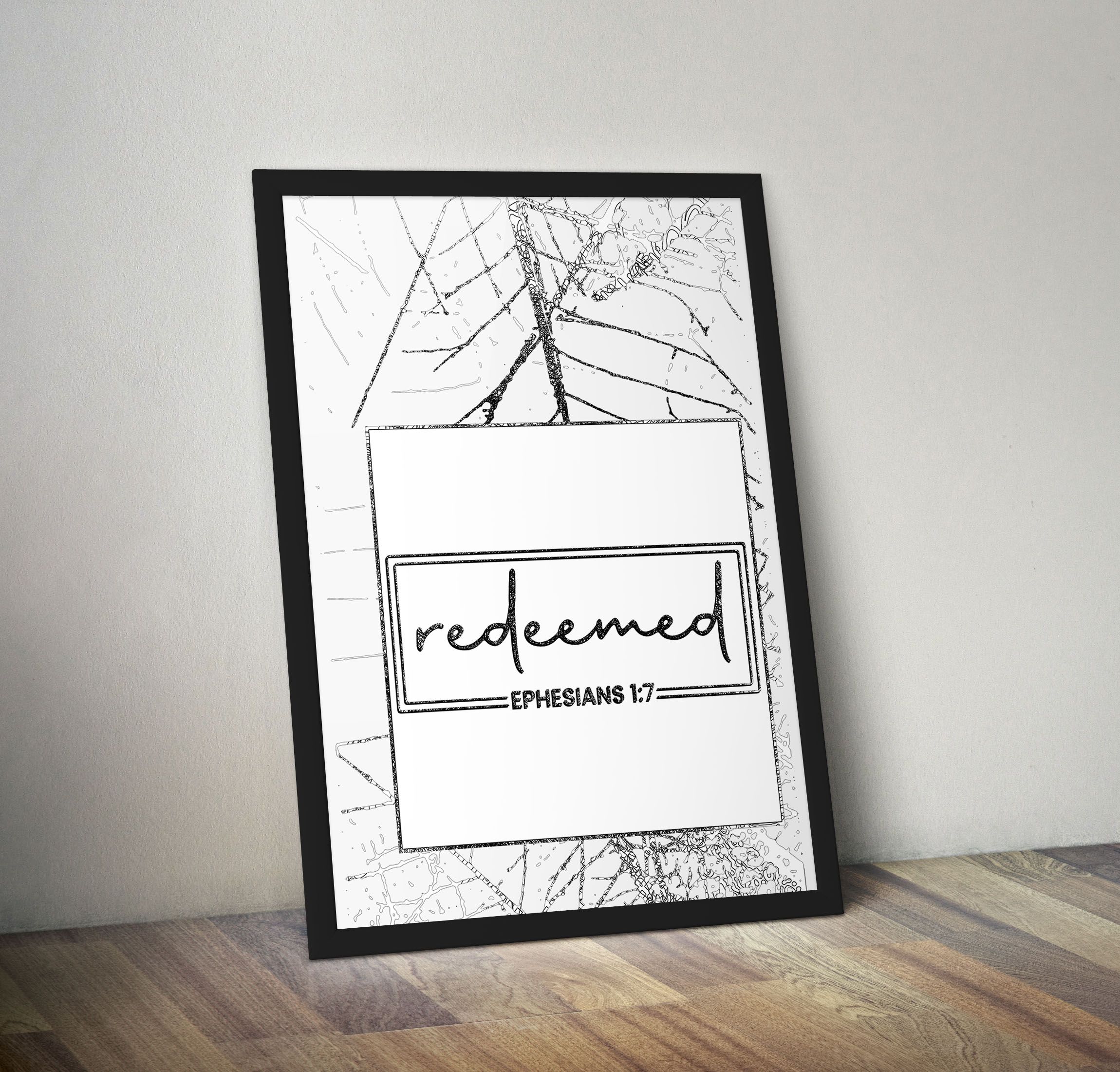 Redeemed Bible Quote Wall Art Decoration for Home Decoration Ready to Hang. Framed A4 Size black Frame Wooden Frame Poster Wall hanging for Interior Decoration, Black adn White Poster with Bible quote