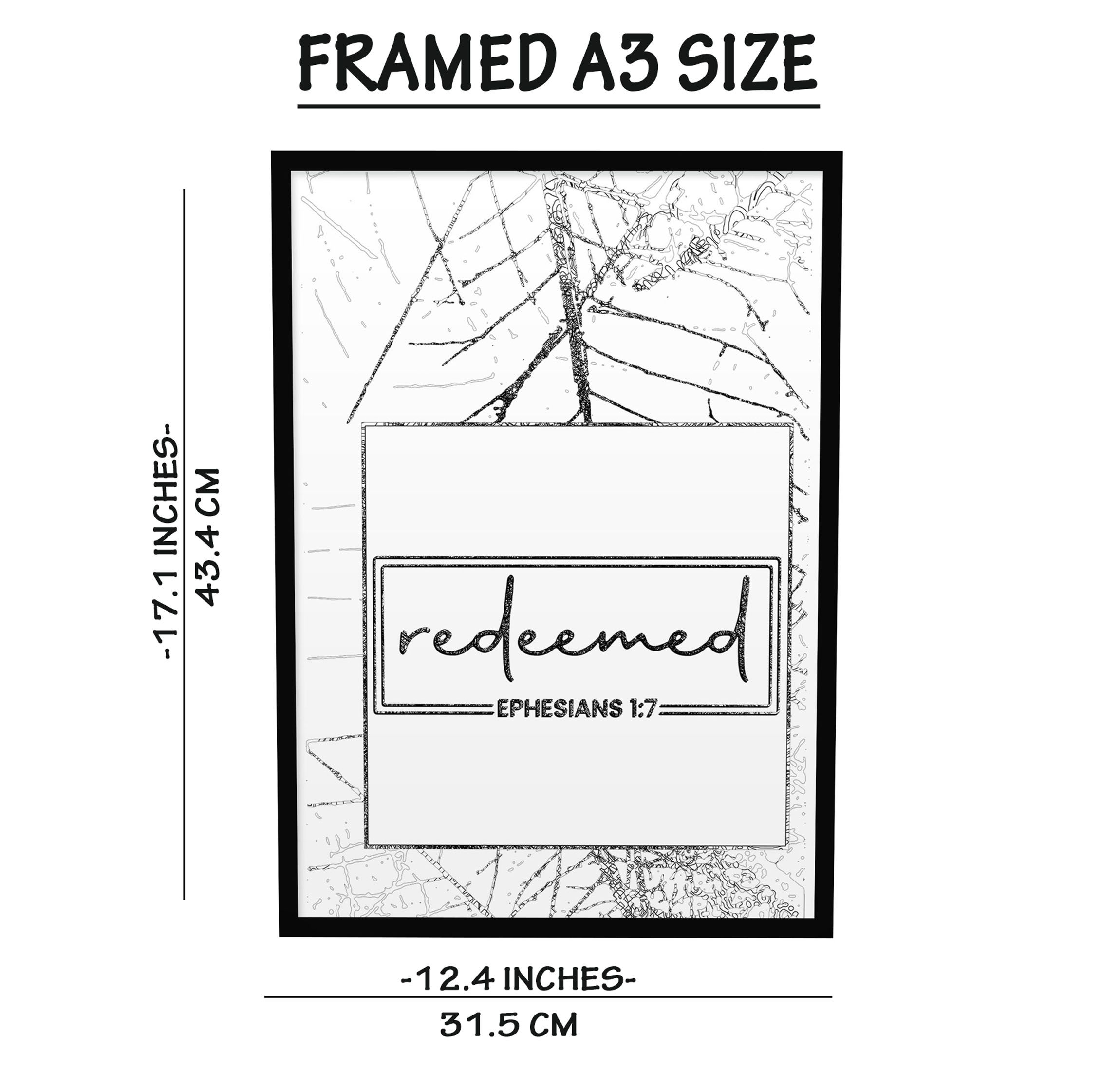 Redeemed Bible Quote Wall Art Decoration for Home Decoration Ready to Hang. Framed A4 Size black Frame Wooden Frame Poster Wall hanging for Interior Decoration, Black adn White Poster with Bible quote