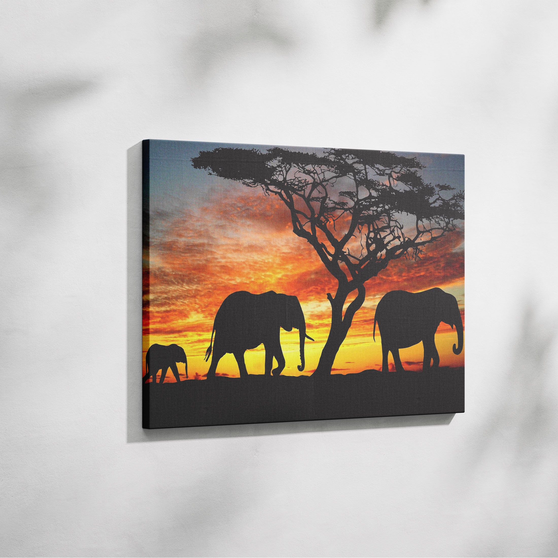 Elephants in the wild, Maasai Mara Sunset Photogrphy, Wildlife Painting with elephants, Printed Canvas Stretched on Framed for Home/office/ restaurant Decoration, AirBnB Decor, Living Room Wall Art