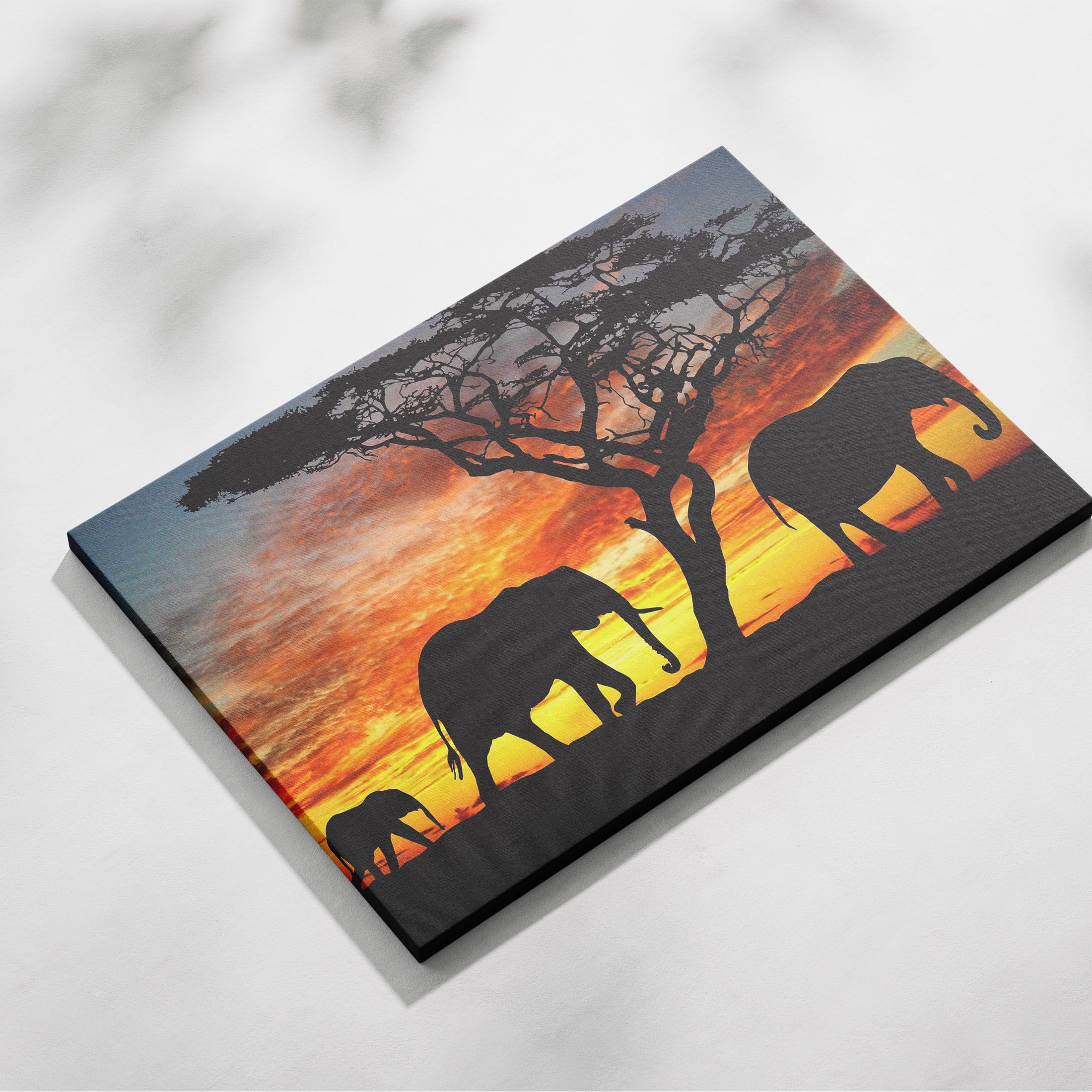 Elephants in the wild, Maasai Mara Sunset Photogrphy, Wildlife Painting with elephants, Printed Canvas Stretched on Framed for Home/office/ restaurant Decoration, AirBnB Decor, Living Room Wall Art