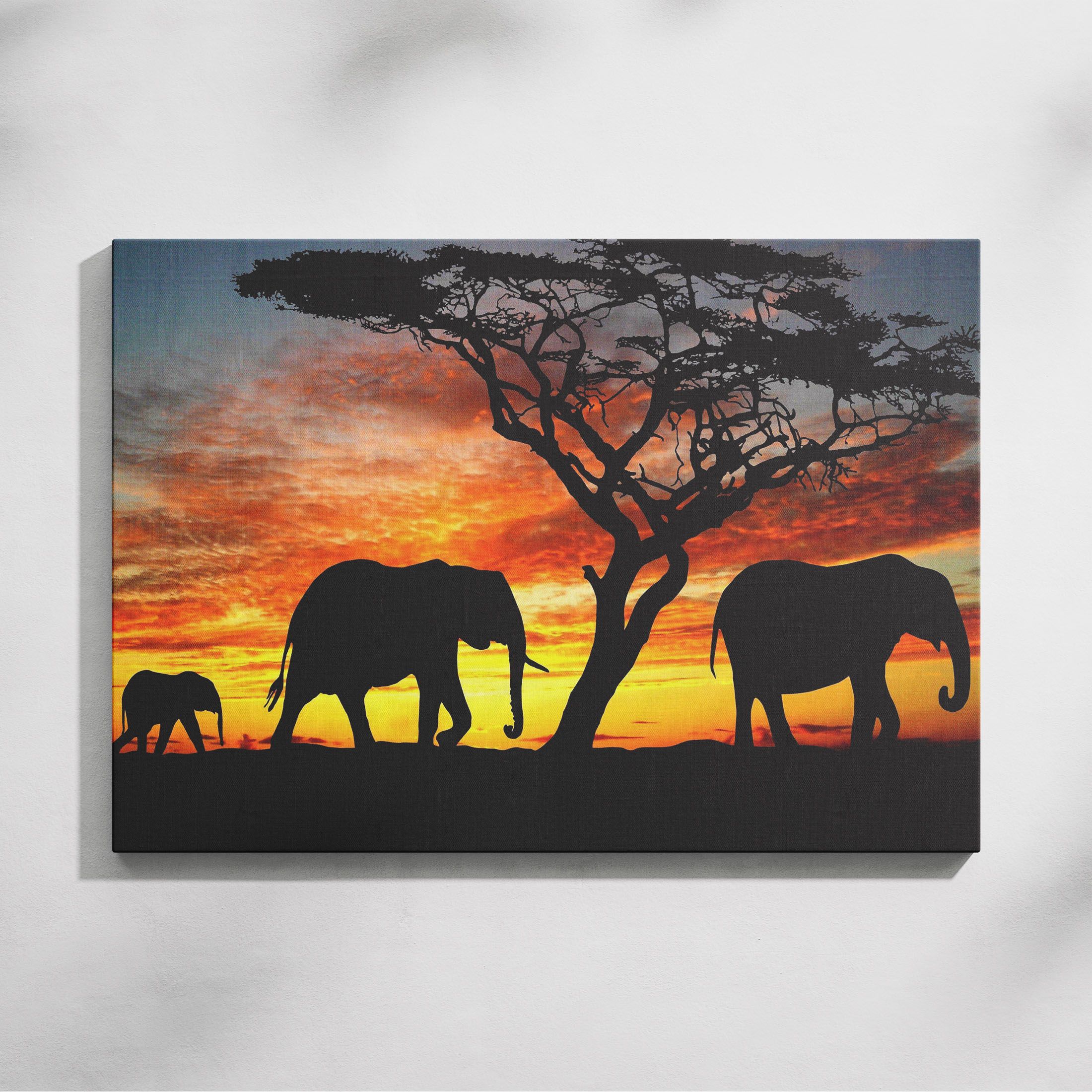 Elephants in the wild, Maasai Mara Sunset Photogrphy, Wildlife Painting with elephants, Printed Canvas Stretched on Framed for Home/office/ restaurant Decoration, AirBnB Decor, Living Room Wall Art