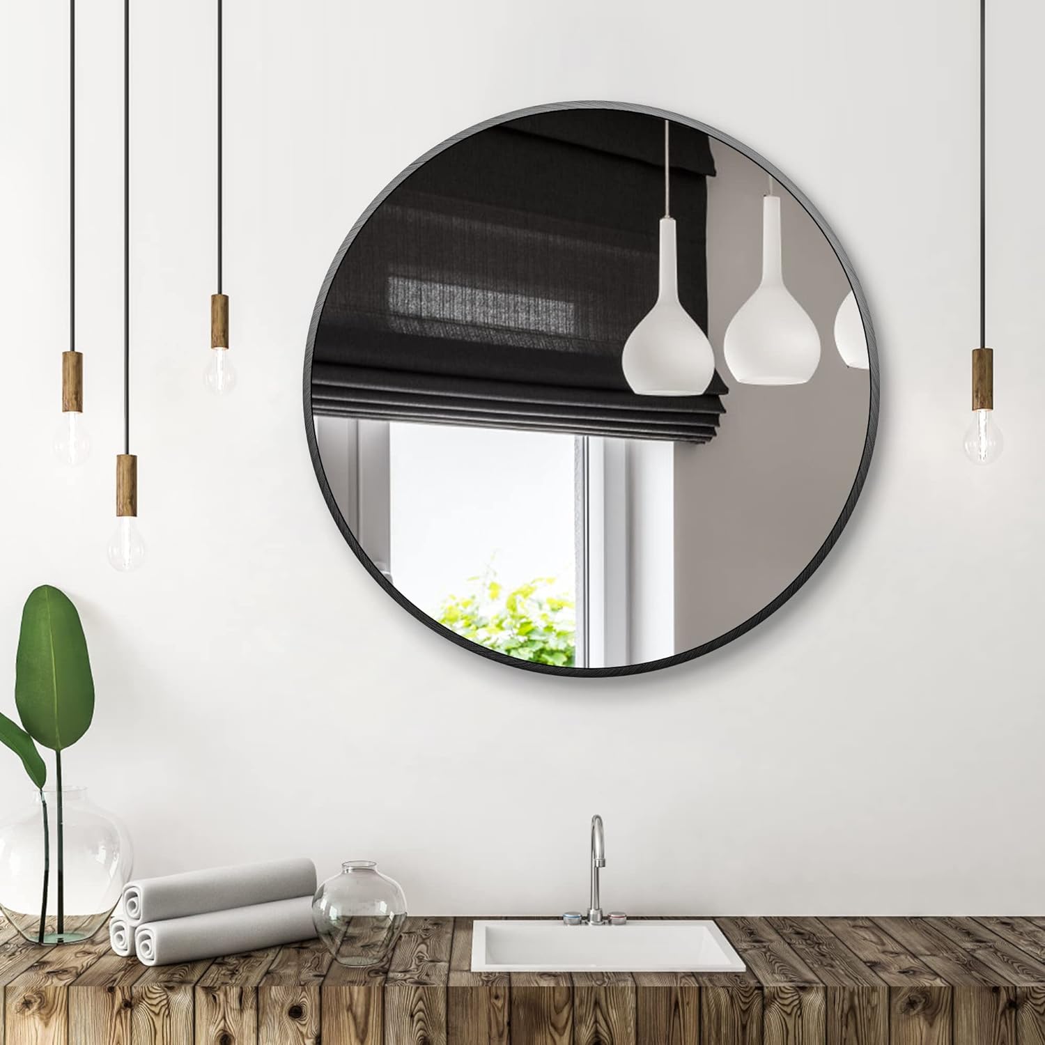 Framed Round Mirror 2 Ft wide, Black Round Mirror fFrame, Real High Defintiion Glass Mirror Ready to Hang, Suitable for Bathroom, Bedroom, Corridor, Restaurant, Dining Room