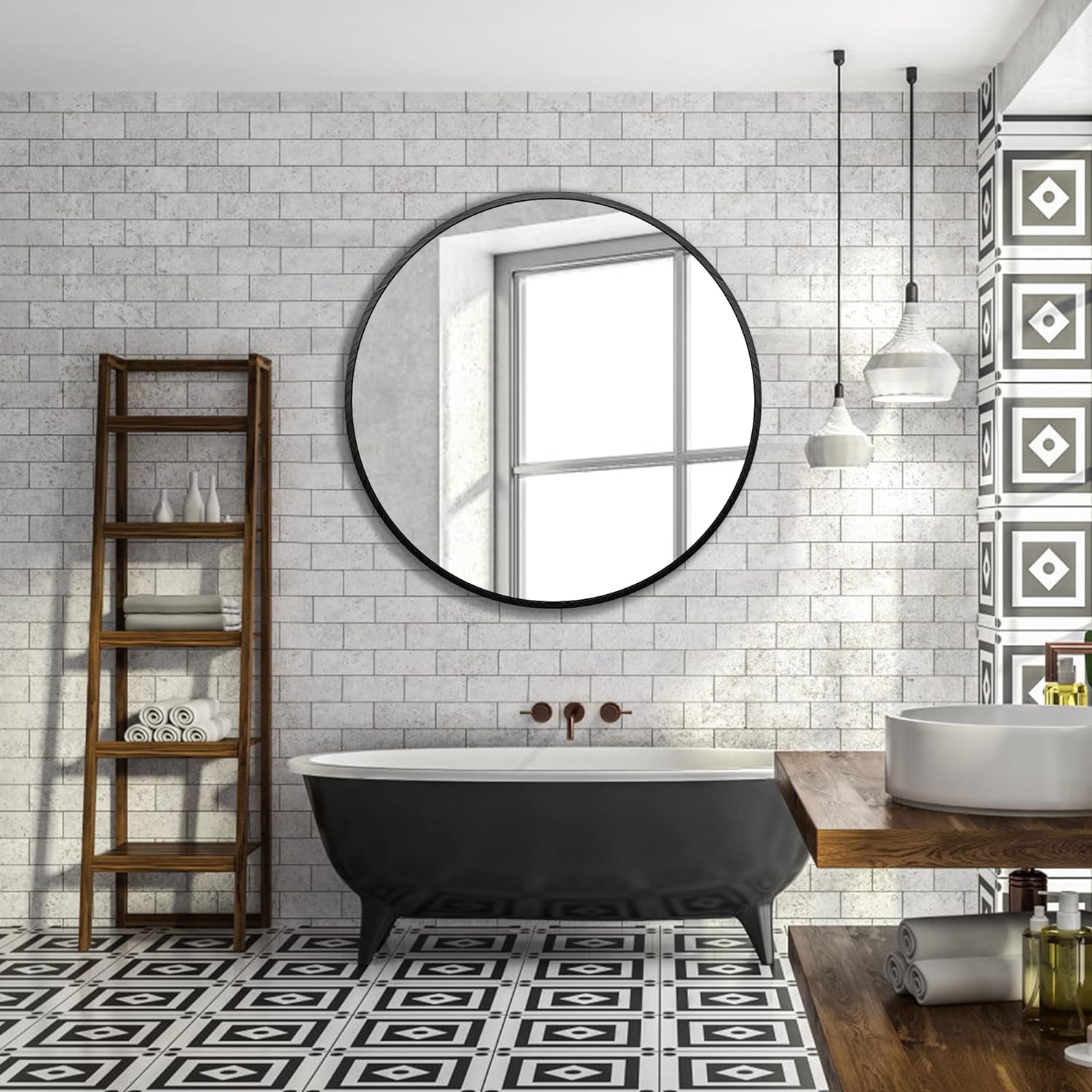 Framed Round Mirror 2 Ft wide, Black Round Mirror fFrame, Real High Defintiion Glass Mirror Ready to Hang, Suitable for Bathroom, Bedroom, Corridor, Restaurant, Dining Room