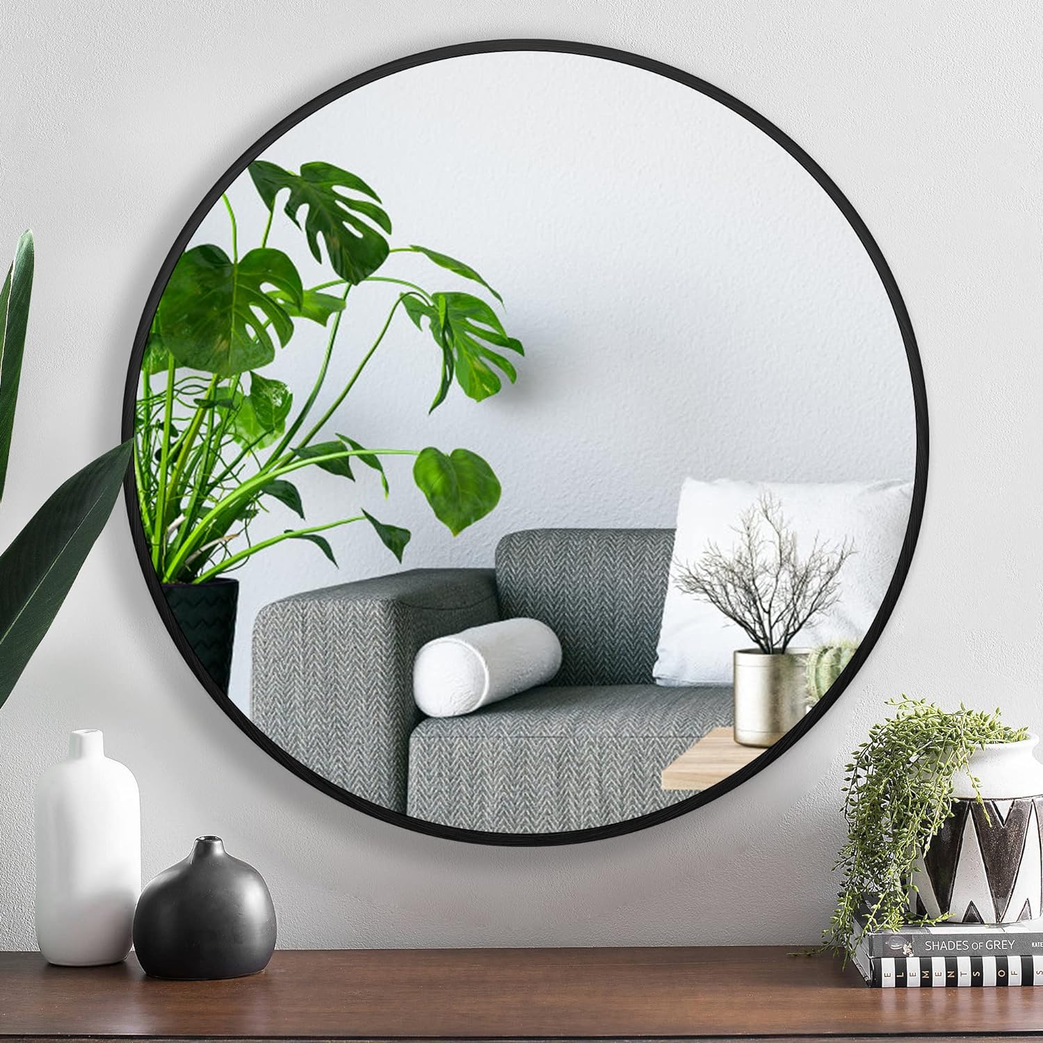 Framed Round Mirror 2 Ft wide, Black Round Mirror fFrame, Real High Defintiion Glass Mirror Ready to Hang, Suitable for Bathroom, Bedroom, Corridor, Restaurant, Dining Room