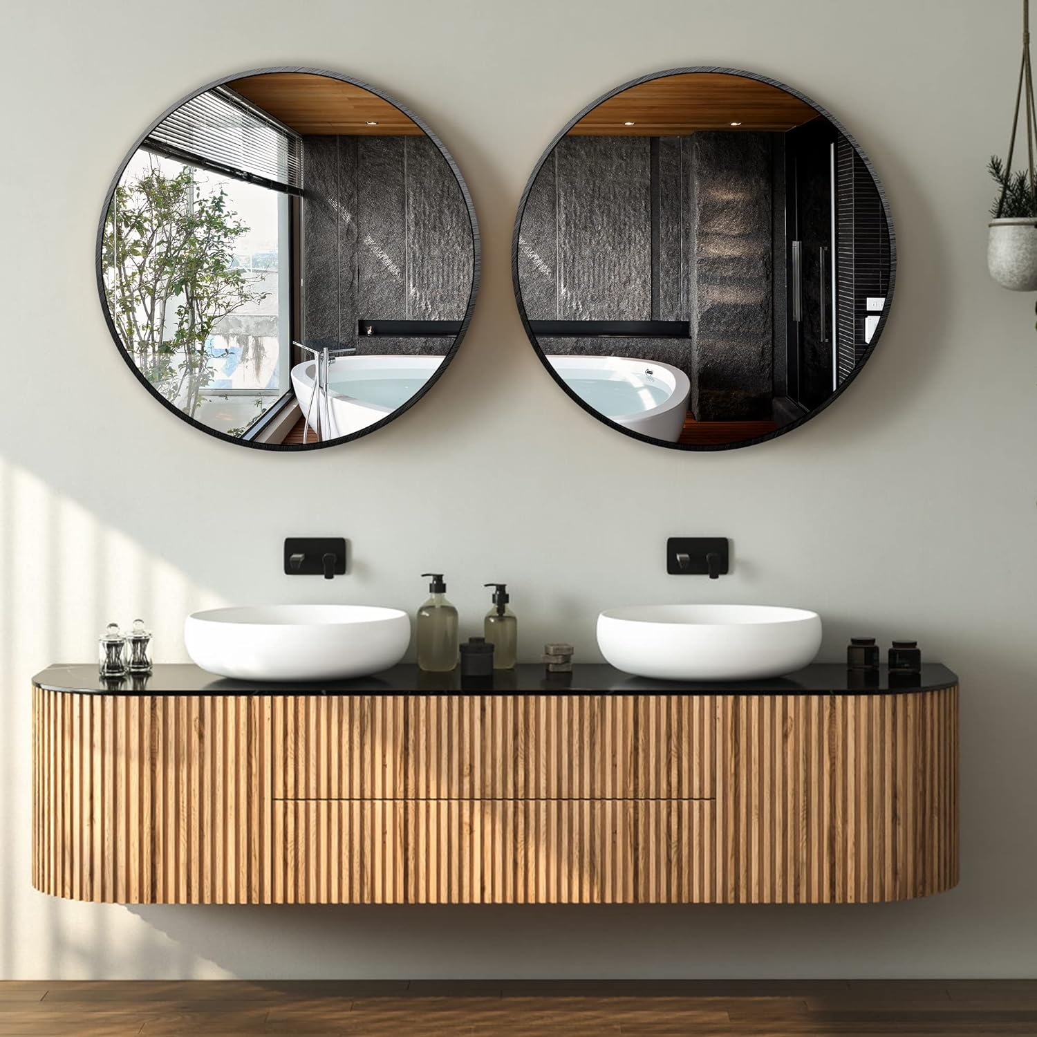 Framed Round Mirror 2 Ft wide, Black Round Mirror fFrame, Real High Defintiion Glass Mirror Ready to Hang, Suitable for Bathroom, Bedroom, Corridor, Restaurant, Dining Room