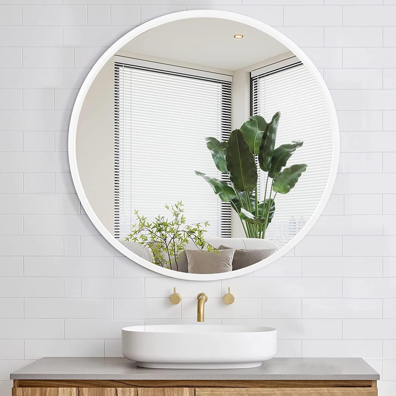 Large Round Mirror 2 ft Wide(24 inches framed) Inch Bathroom Mirror with painted Wooden Frame, Mirrors for Bedroom, Wall, Living Room, Vanity, Entryway, Wall Mirror with backing Framed Ready to Hang