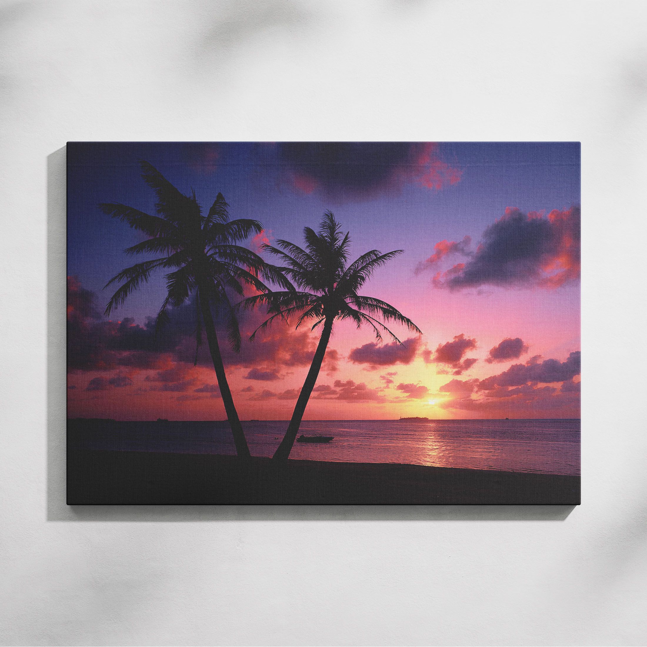 Tropical Beach Ocean Sunset with Palm trees Framed Wall Canvas Ready to Hang, Lage A2 Size Wall Canvas Poster Painting Wall Decor, Office Decor, Home Decoration Painting Restaurant Wall Prin Art Print