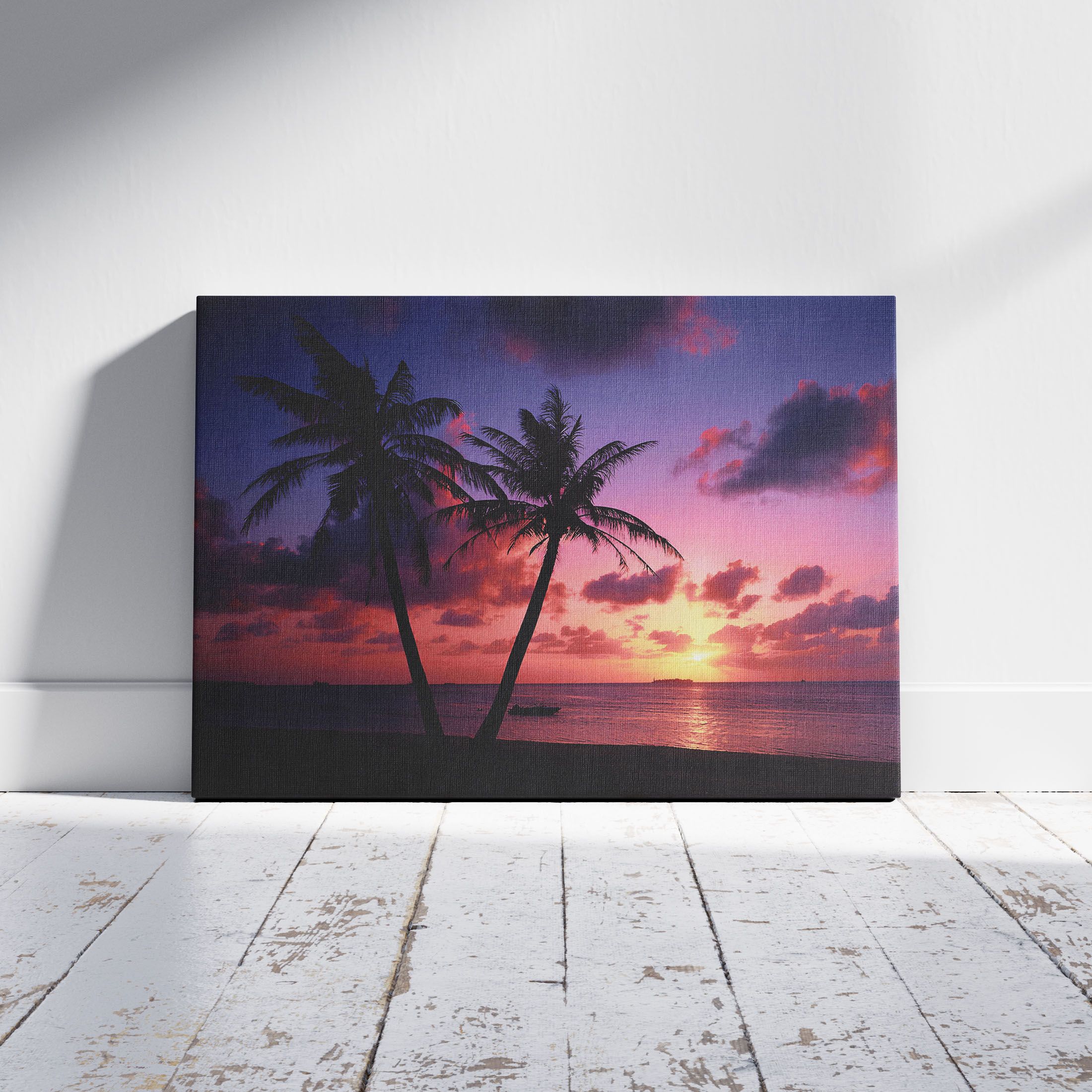 Tropical Beach Ocean Sunset with Palm trees Framed Wall Canvas Ready to Hang, Lage A2 Size Wall Canvas Poster Painting Wall Decor, Office Decor, Home Decoration Painting Restaurant Wall Prin Art Print